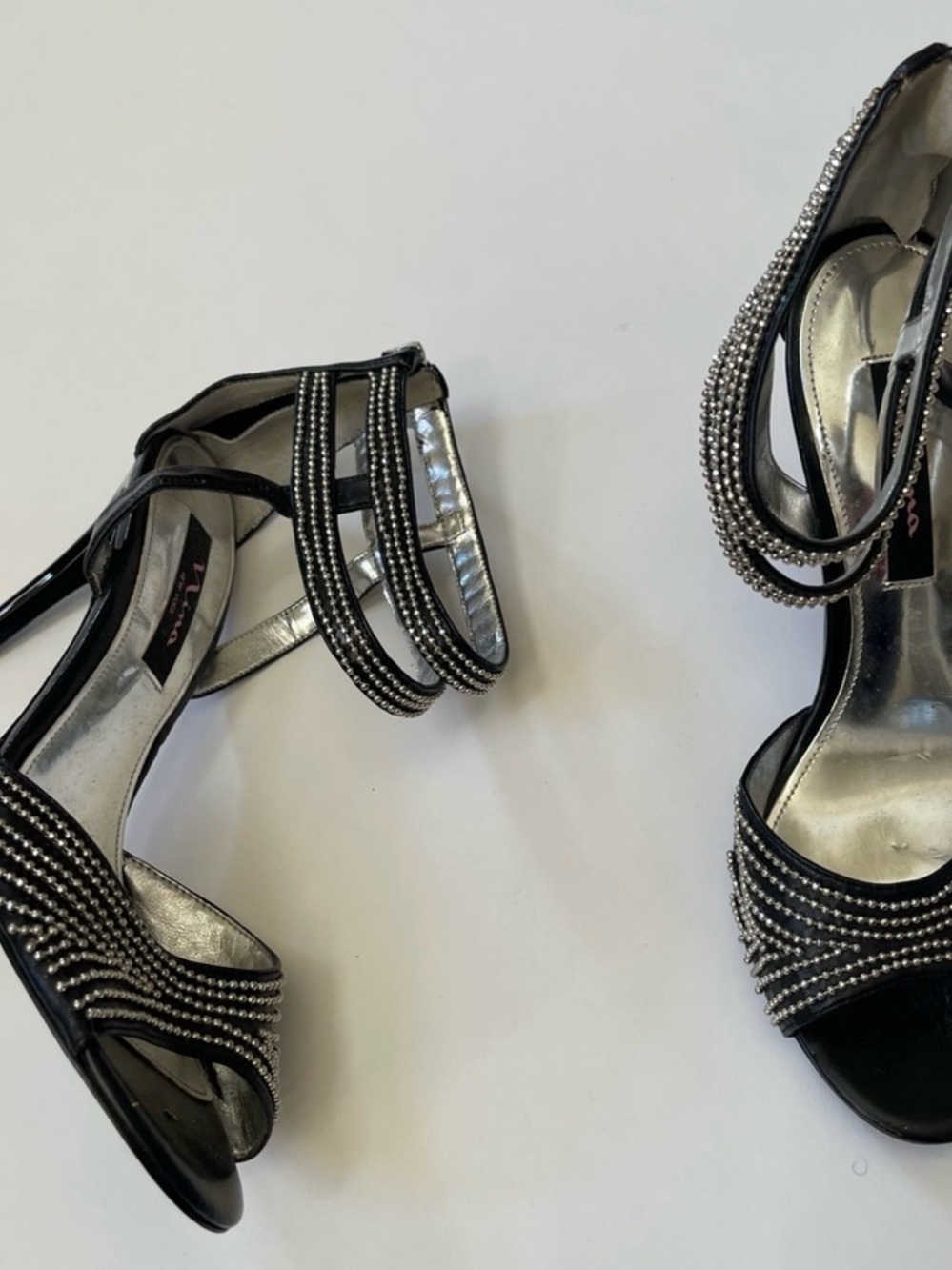 Black Embellished Strappy Rhinestone-Trim Open Toe Stiletto Heels Sandals
